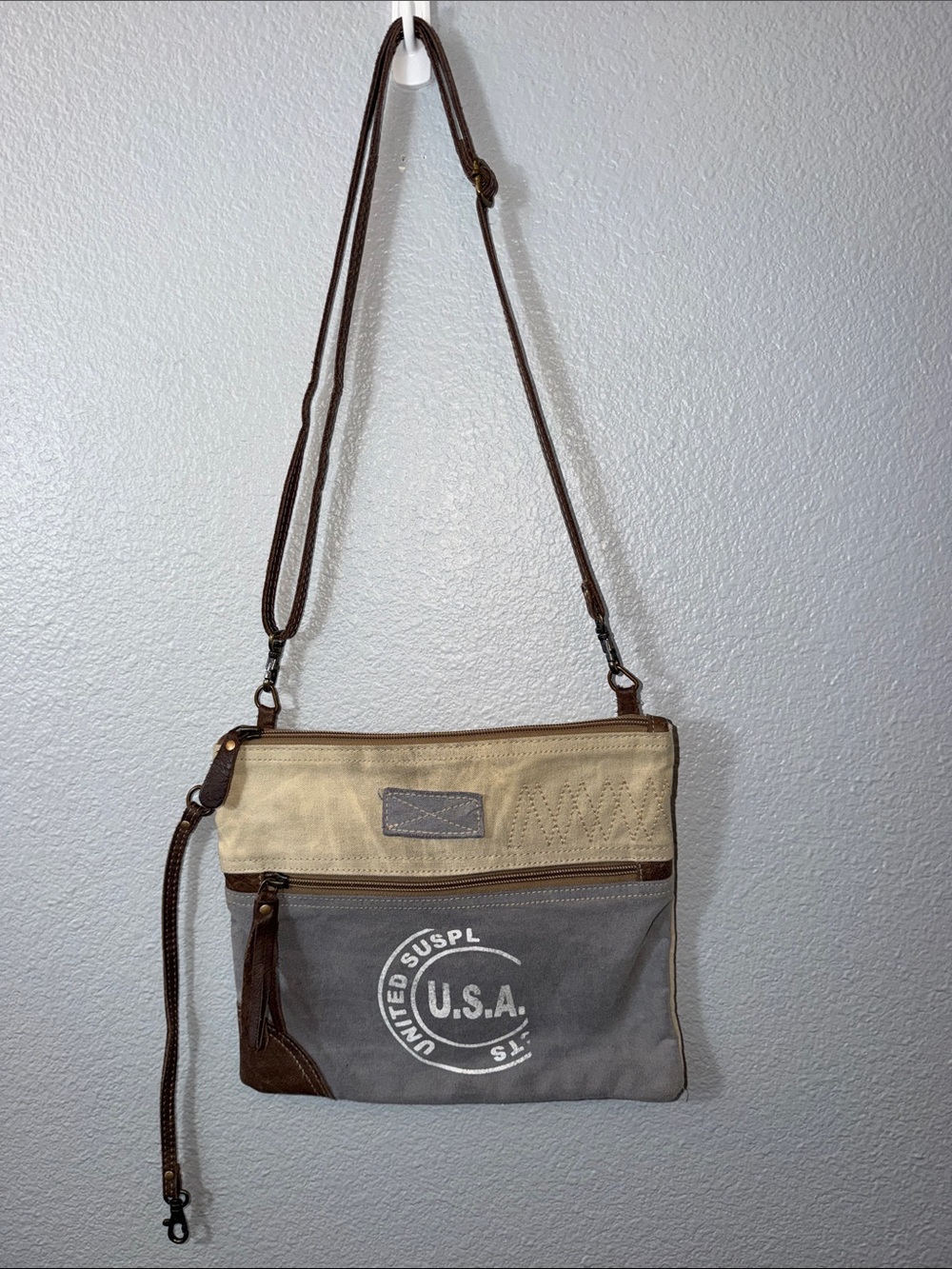 Myra Canvas& Leather Crossbody Bag in Beige and Gray